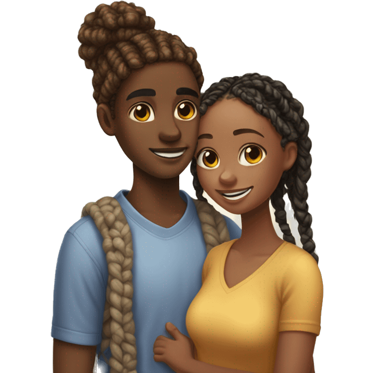 Realistic black girl with box braids and light skin boy with short curly hair and a short beard hugging emoji