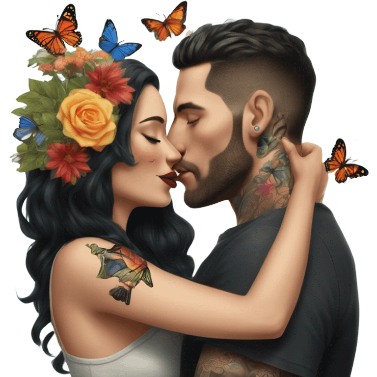 Hyper Realistic beautiful woman being kissed by a handsome tattooed man holding flowers with butterflies  emoji