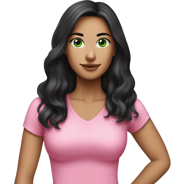 Pretty woman long black hair green eyes wearing pink clothing pilates workout emoji