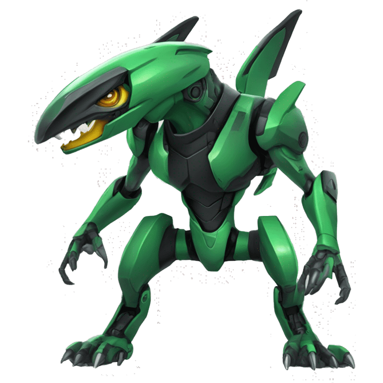 a black-green Genesect-Raptor-Fakémon—hybrid with a futuristic visor-helmet full body emoji