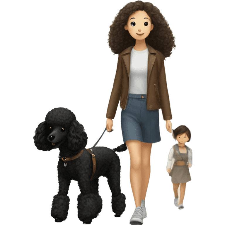 3 legs One Small unshaved Black Poodle with brown harness is walking with Korean girl emoji