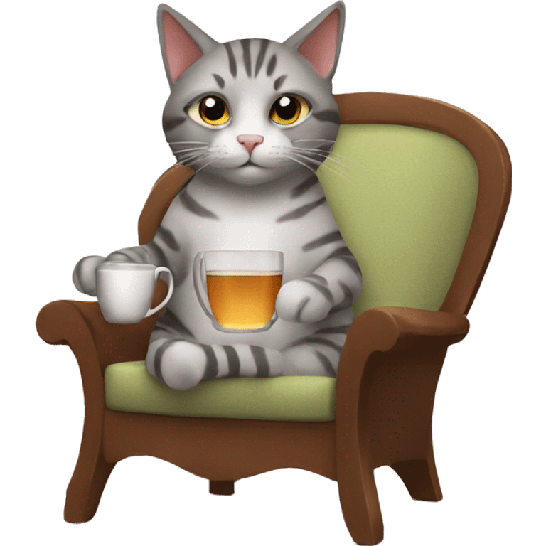 cat drinking tea looking at camera sitting in a chair emoji