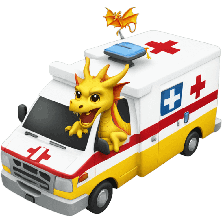 Yellow dragon driving an ambulance inside ambulance as an Emt emoji