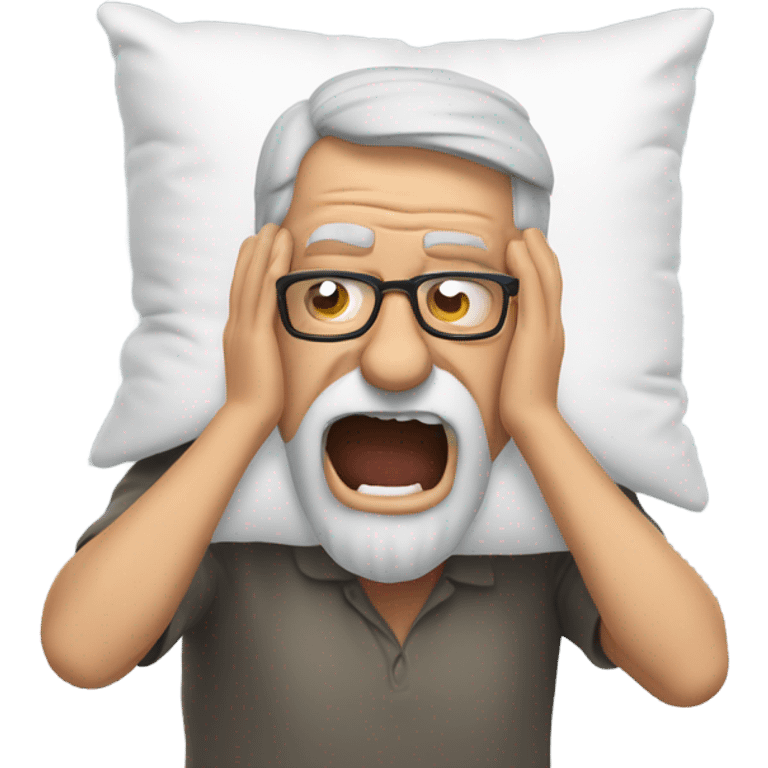 Older man with glasses and grey beard screaming into a pillow emoji