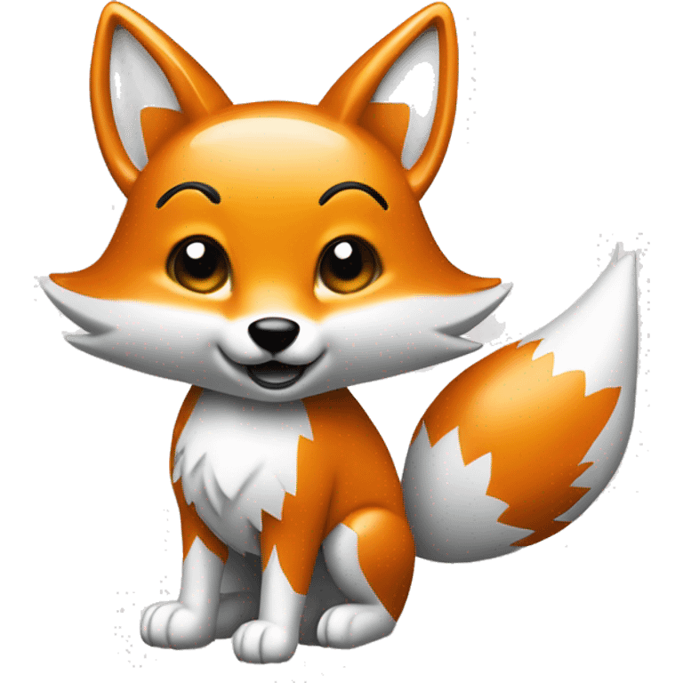 Fully chromed fox statue in iOS emoji style, smooth, rounded edges, reflective surface with soft light reflections, minimalist features like the tail and raised paw. Plain white background to emphasize the chrome texture. emoji