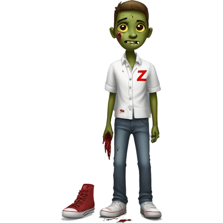 A Zombie With One Shoe On And One Shoe Off Named Zobie With A White School Shirt With Red Accents And With The Letter Z On It And Long Pants. | Photo 1 emoji