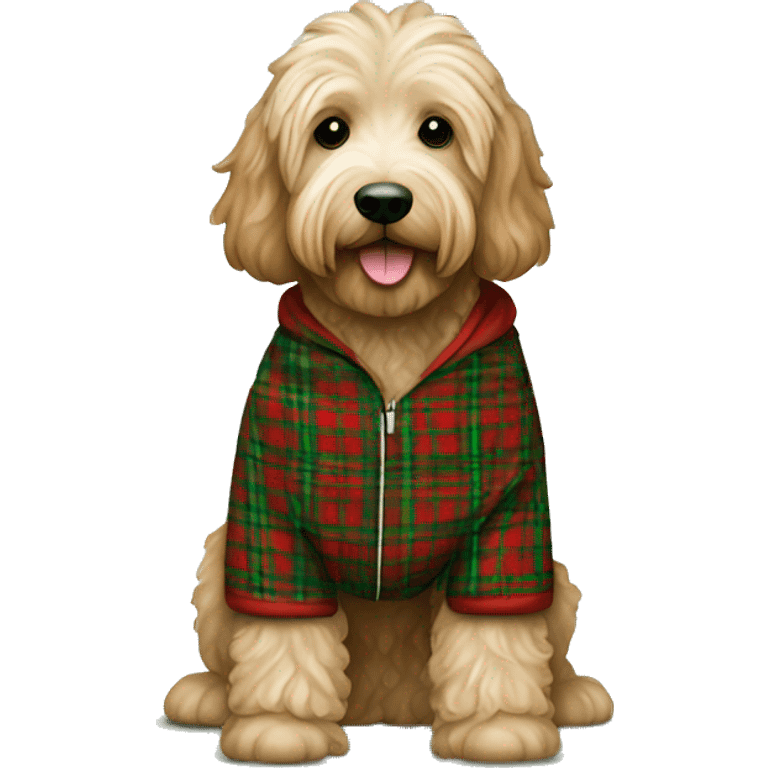 Labradoodle in a white green and red tartan onesie emoji