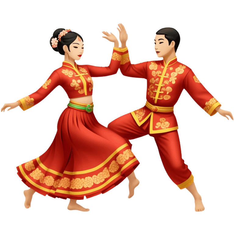 Cinematic Realistic scene of two performers executing a traditional Vietnamese folk dance, adorned in intricately patterned traditional costumes, captured in fluid motion with soft, culturally rich lighting emoji