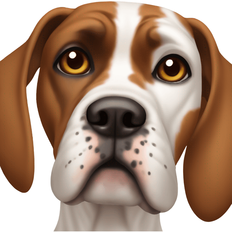 white dog with brown spot on right eye and ear , breed boxer emoji