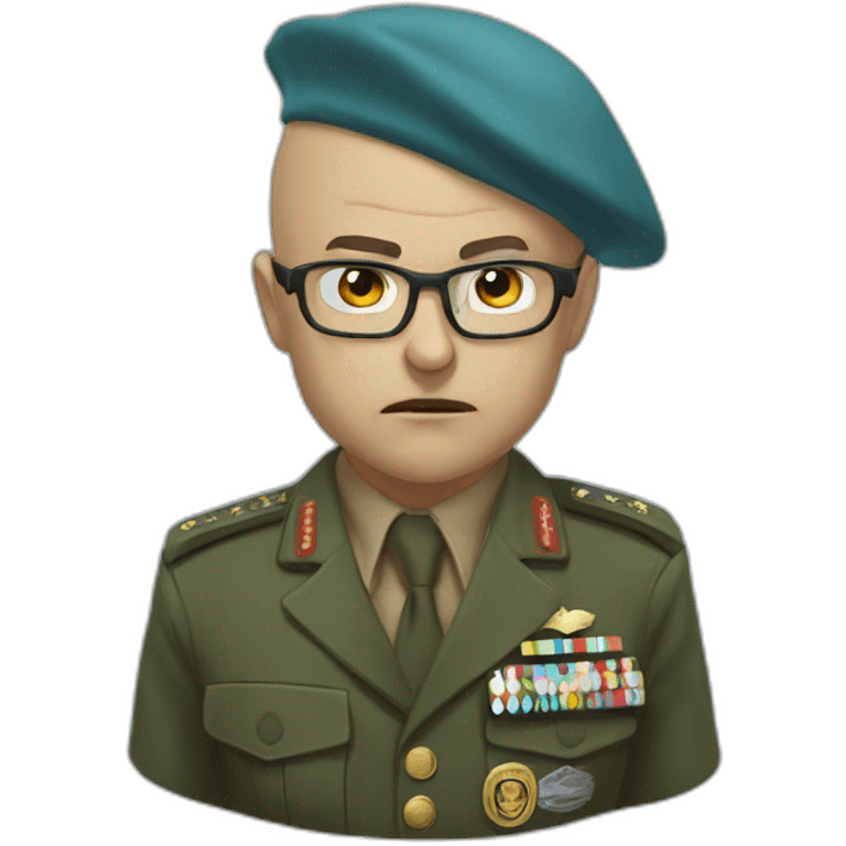 Realistic cyan beret bald very furious general with glasses no hair furious very angry frown with khaki uniform emoji