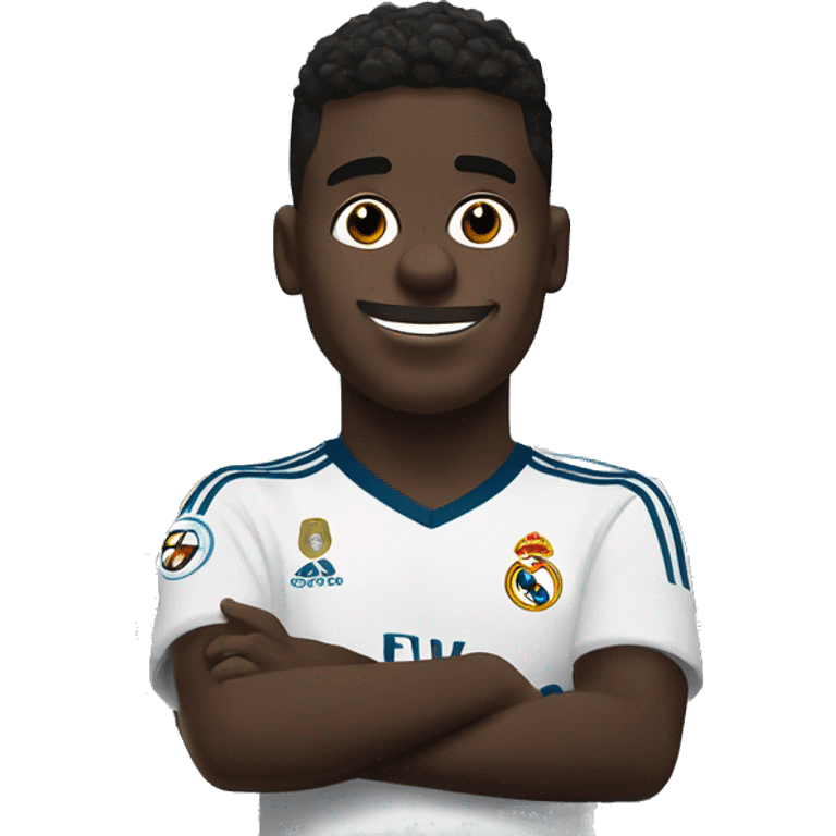 Create a crying Vinicius emoji in Real Madrid gear next to the Santiago Bernabéu stadium emoji