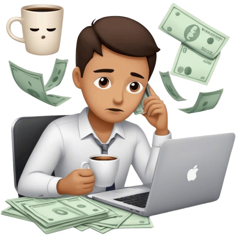 Create an emoji of a tired entrepreneur sitting at a laptop, surrounded by floating invoices and bills. The character looks exhausted, with dark circles under their eyes and a coffee cup in hand, symbolizing constant financial stress." emoji