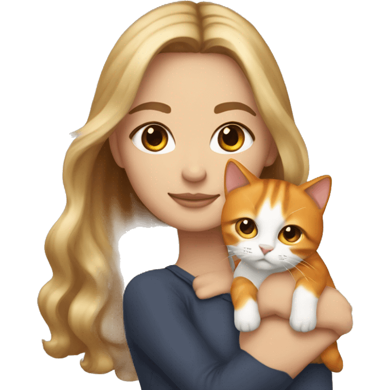 White girl with blonde balayage and brown eyes holding an orange cat emoji