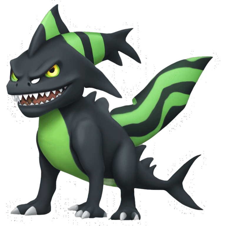 Digimon-Fakémon, horns, black body, green mane, anthro, furry, shark, black skull face, black skull mask, green stripes, tufted tail, full body, shark, creature, vernid, emoji