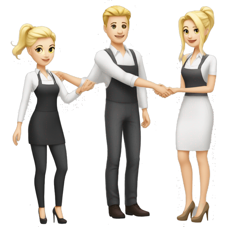 adult restaurant owner with white skin and blogger with white skin and blonde hair shaking hands in full height emoji