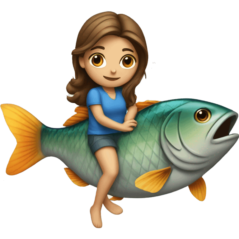 girl with brown hair rides on a fish emoji