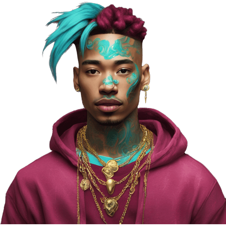 Vintage patina intricate swirls gold jewellery baroque golden raven tropical Deep pink maroon burgundy cyan dark hoodie man vitiligo dyed hair gold piercings nose piercing ear piercings emoji