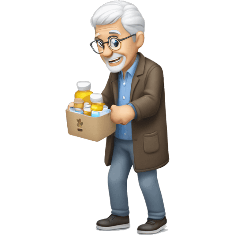 Gray haired elderly man picking up medicine at Pharmacy emoji