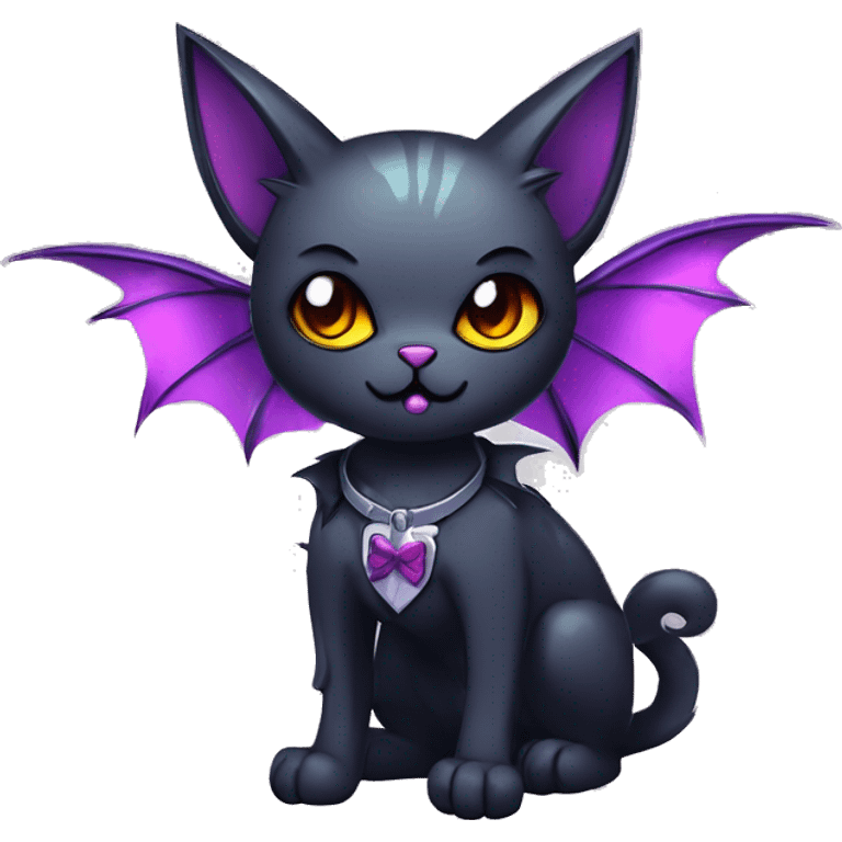   cool edgy kawaii ethereal dark-punk-themed animal vampiric cat-hybrid Fakemon with fangs and bat-wing-ears with a collar full body emoji