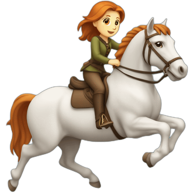 Fille rousse sur un cheval qui saute un obstacle emoji