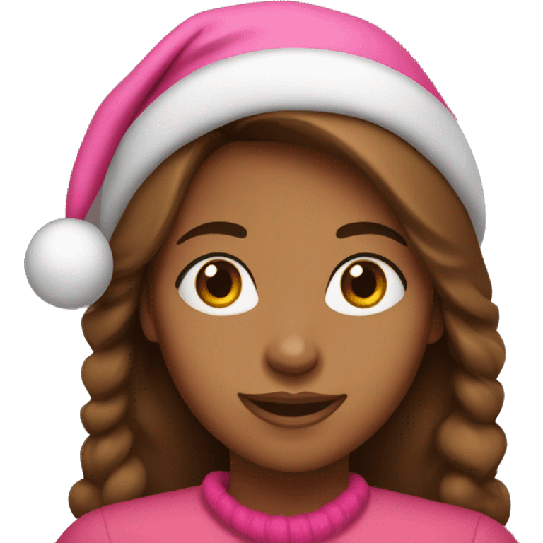 brown skinned woman with brown eyes and long hair in pink christmas hat  emoji