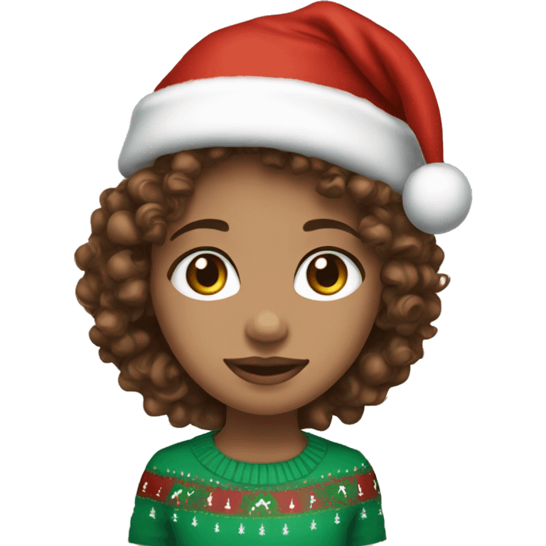 Light skin blue eyes Curly brown hair girl wearing Christmas hat emoji