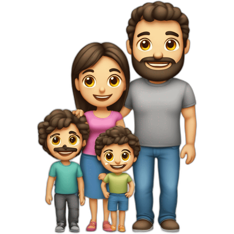 Familia mamá morena pelo rizado, papá rubio con barba, niño 3 años y bebe emoji