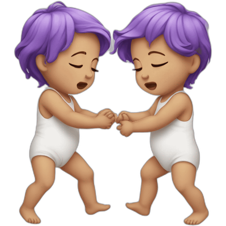 two crying white babies holding hands, one has purple hair emoji