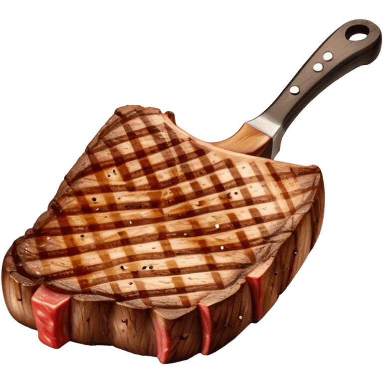 Cinematic thick-cut t-bone steak, perfectly seared with grill marks, a grilled center, rich and savory, warm glow, sizzling and mouthwatering, highly detailed and appetizing. emoji