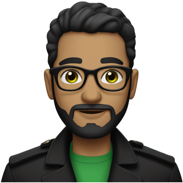 arabic looking man with black gentleman hair and small beard with green tinted glasses and black shirt and black trench coat emoji