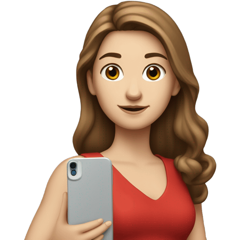 a white girl with log brown hair in a red dress holding a cell phone showing it emoji