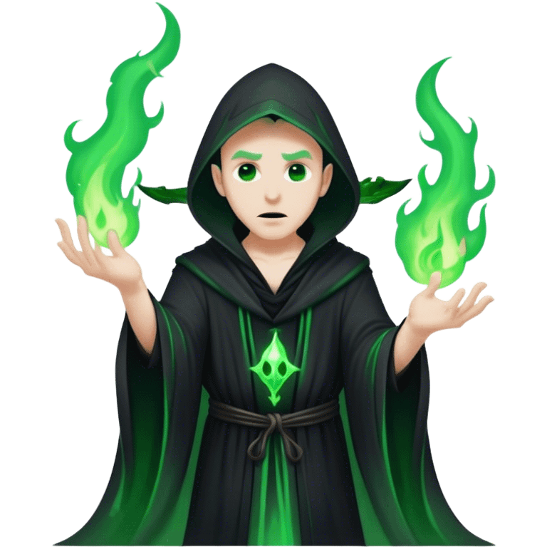 A dark sorcerer in flowing black robes, conjuring eerie green flames emoji