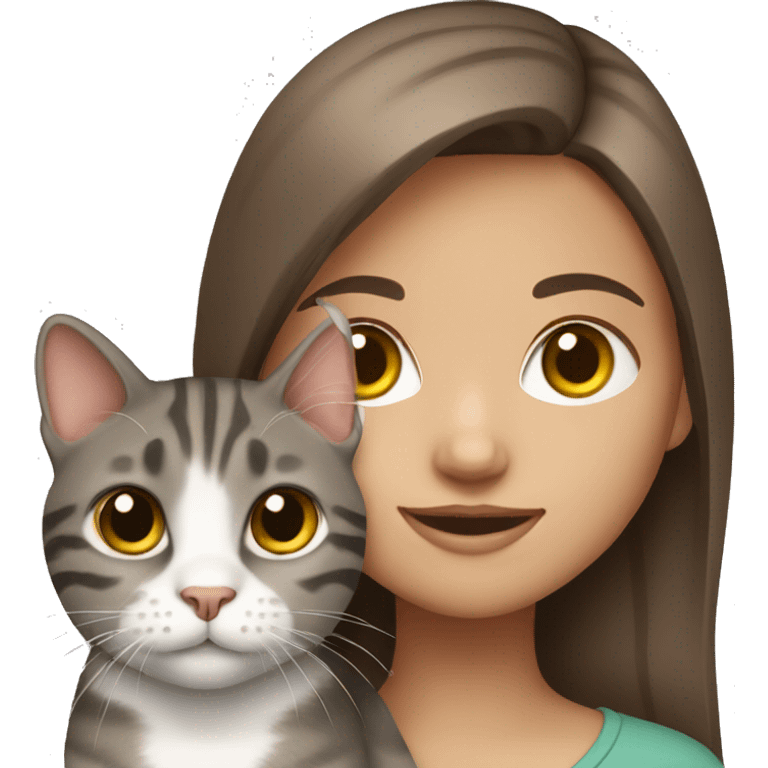 brown haired girl with grey tabby cat emoji