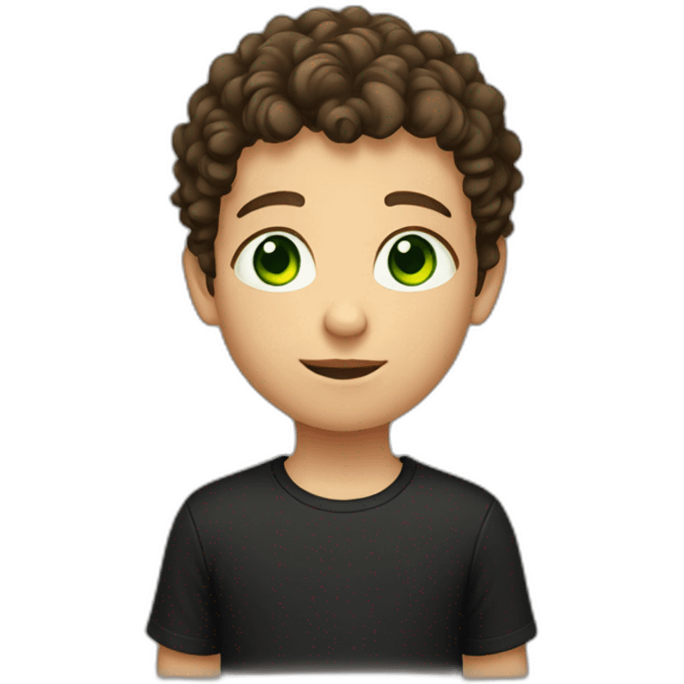 Young boy with short brown curly hair and black tee shirt and green eyes emoji