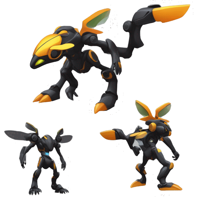 a shiny metallic black-orange-yellow Genesect-Flygon-Raptor-Fakémon-Medabot-hybrid with a futuristic visor-helmet full body emoji