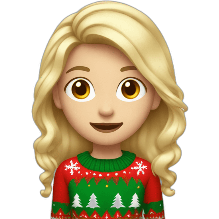 Blonde girl with hair by the shoulders in Christmas sweater with exited expression emoji