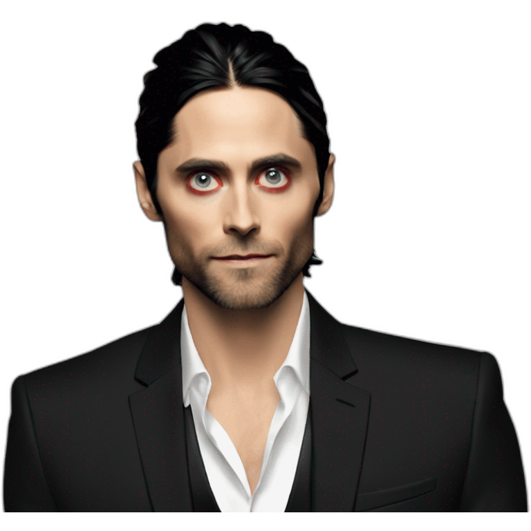 Jared Leto in a black suit black hair red eyes emoji