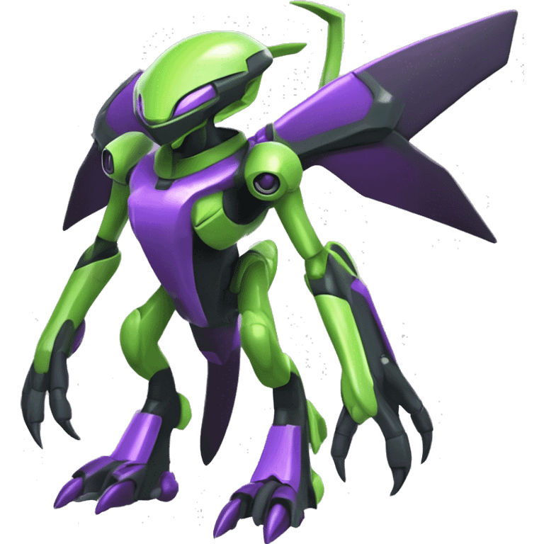 a shiny black-green-purple Genesect-Flygon-Raptor-Fakémon-Medabot-hybrid with a futuristic visor-helmet full body emoji