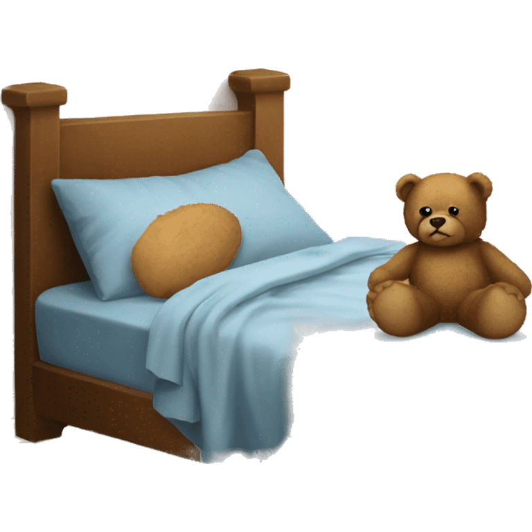 worn teddy bear next to an empty bed emoji