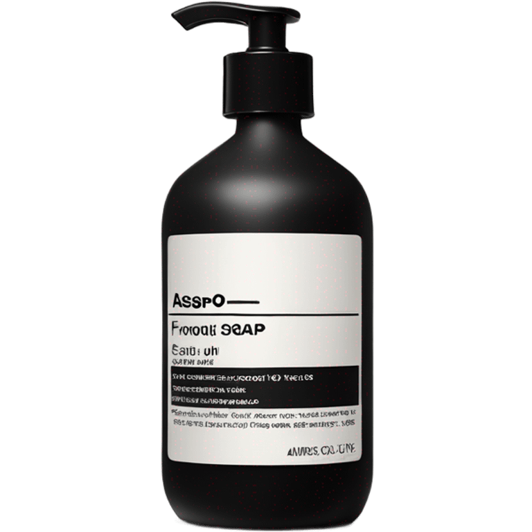 Liquid soap bottle by brand Aesop – black bottle with white label emoji