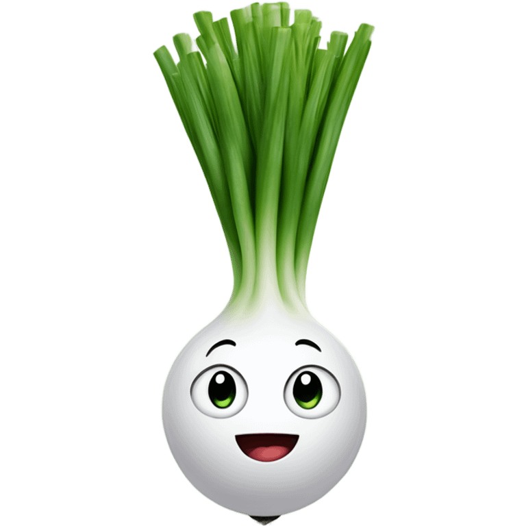 Smiling green onion with a bundle of long, thin green stalks as hair, big expressive eyes, and a cheerful cartoonish face on the white bulb section. Vibrant and playful design. emoji