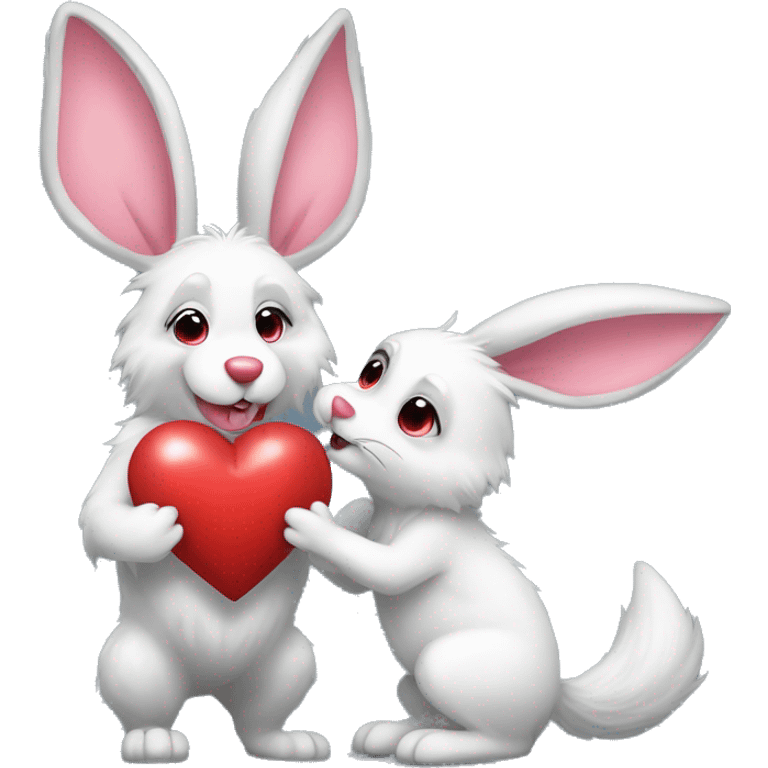 Old kind Wolf kiss a white Bunny who has pink ears, with big red heart between them. Heads only, with no body  emoji