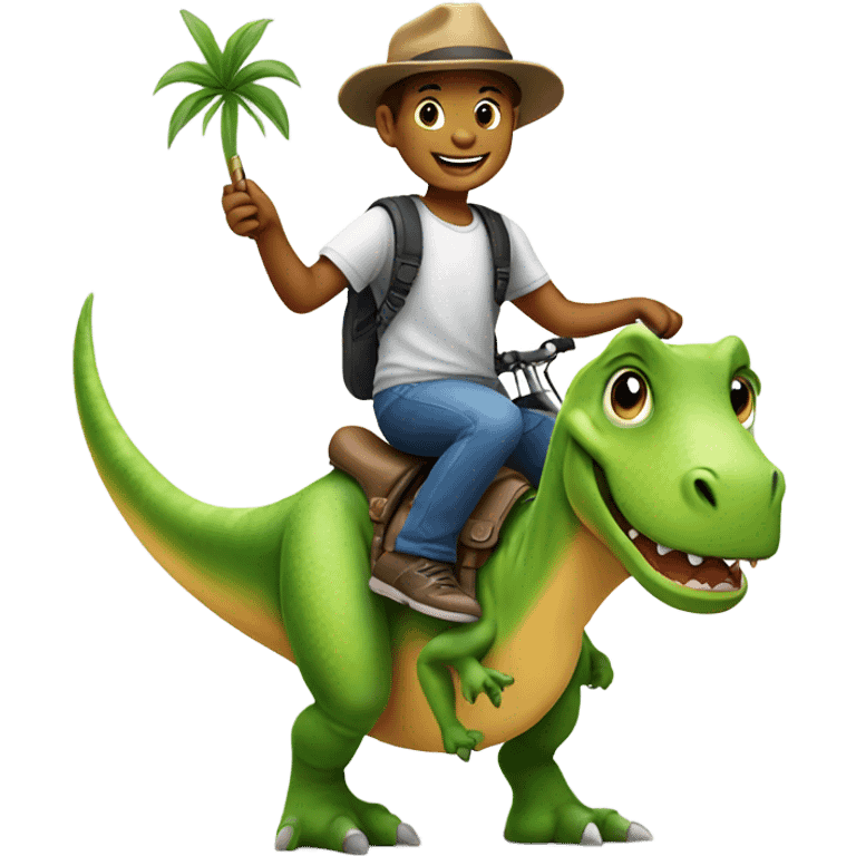 smiling boy in hat selfie riding dinosaur emoji