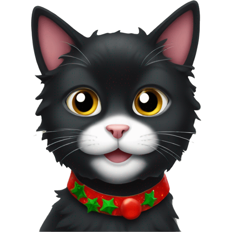 Fluffy Black cat with Christmas collar emoji