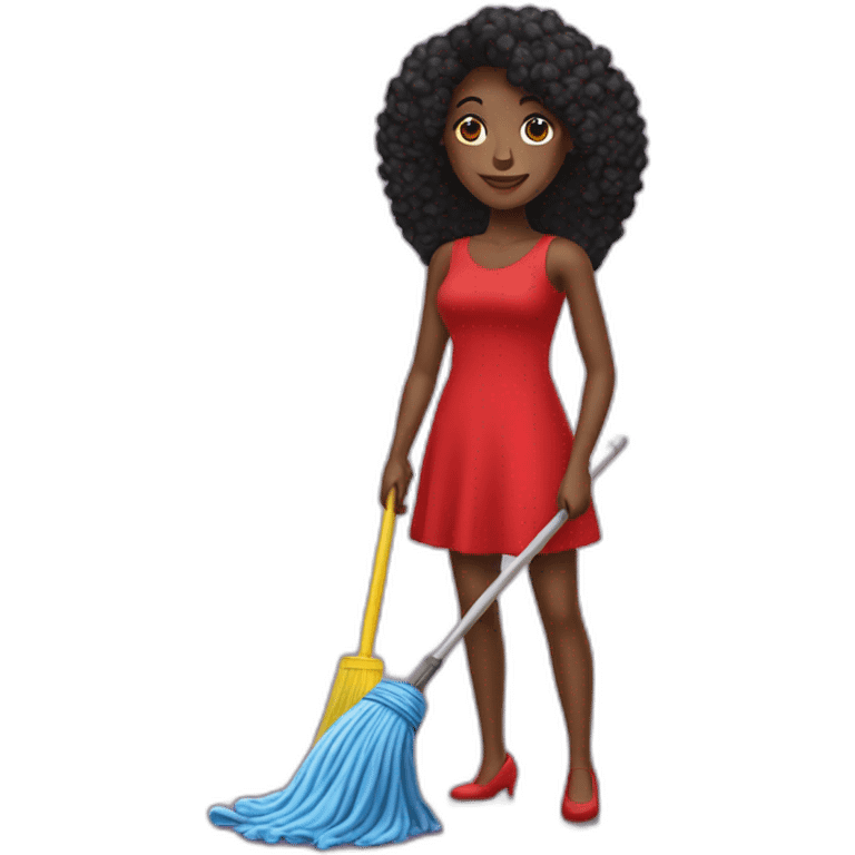 pretty black lady in a red dress holding a bucket and a mop emoji