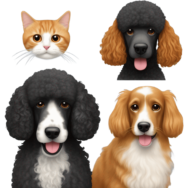 Black standard poodle with orange long haired cat with tabby short haired cat emoji