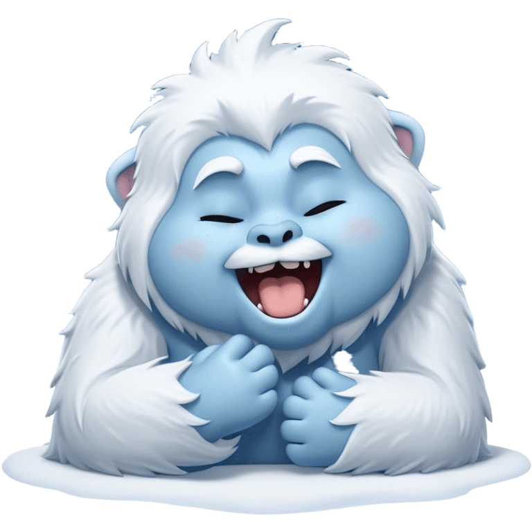 Cinematic Cute Yawning Yeti Portrait Emoji, with a charming, fluffy, snow-dusted figure in gentle whites and cool blues, head tilting back in a wide, endearing yawn with softly closed, peaceful eyes and a content little smile, simplified yet irresistibly adorable, highly detailed with a soft, frosty glow and outline capturing the serene slumber of a yeti! emoji