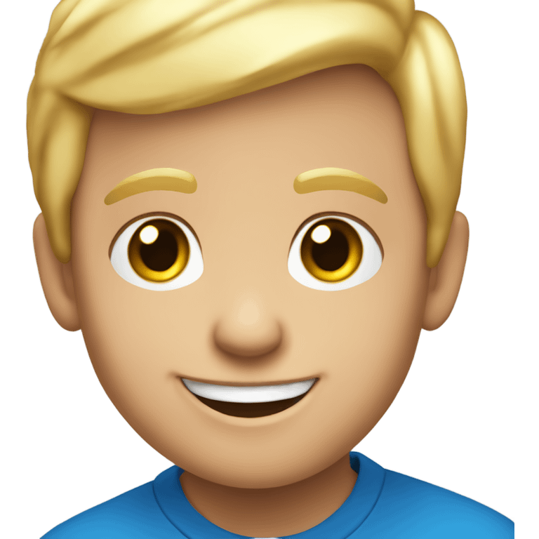 smiling boy in blue shirt with Trump emoji