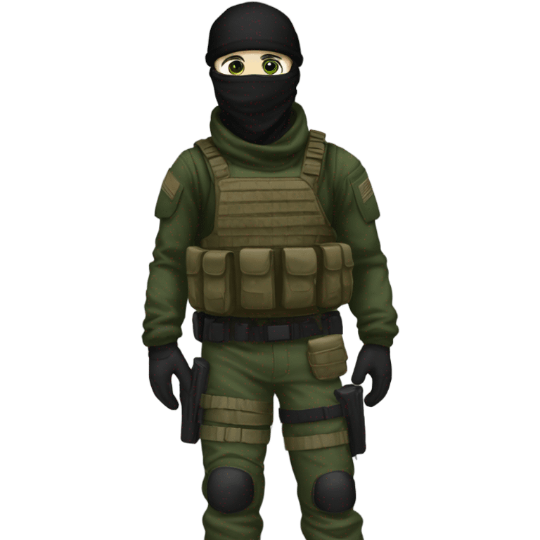 male, tall, white skin, black mask, green camo tactical gear, combat boots, black beanie, hazel eyes emoji