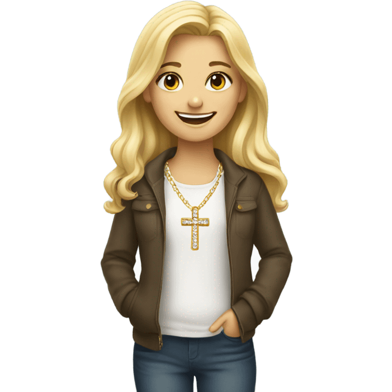 smiling blonde girl with cross necklace emoji